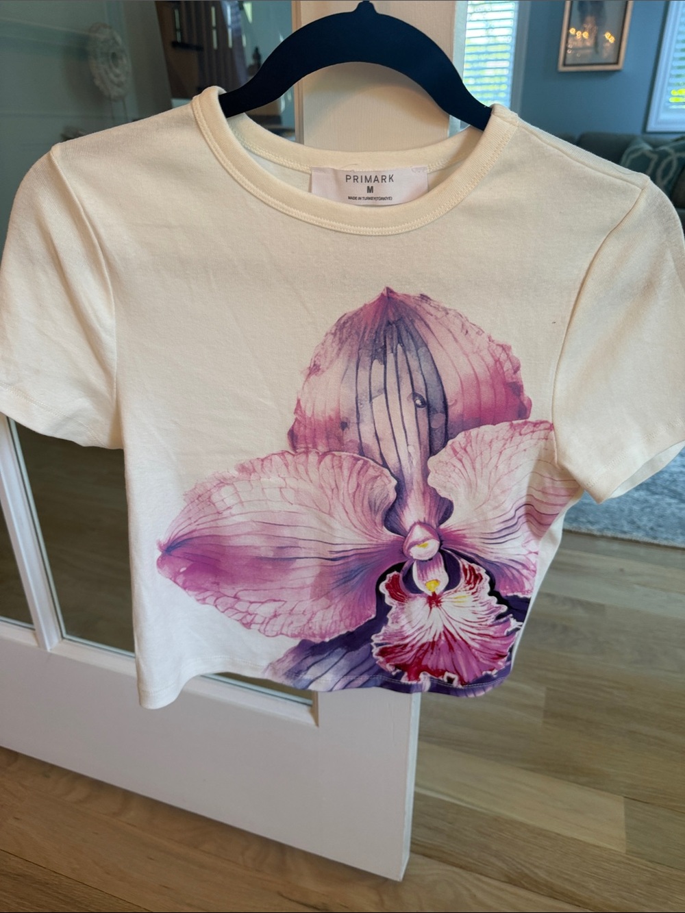Primark Cream Tee with Pink and Purple Orchid Graphic